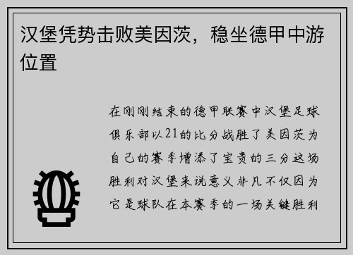 汉堡凭势击败美因茨，稳坐德甲中游位置