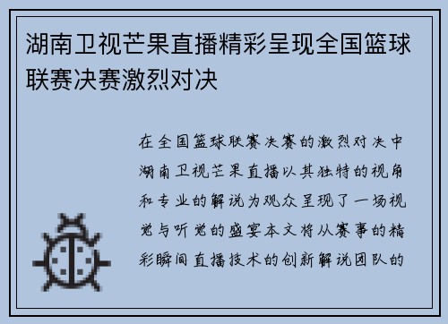 湖南卫视芒果直播精彩呈现全国篮球联赛决赛激烈对决