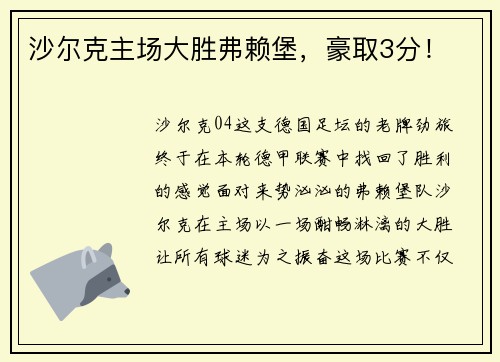 沙尔克主场大胜弗赖堡，豪取3分！