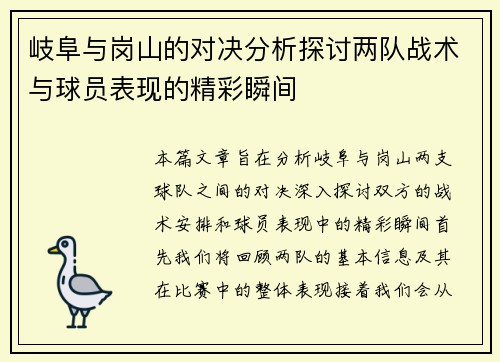 岐阜与岗山的对决分析探讨两队战术与球员表现的精彩瞬间